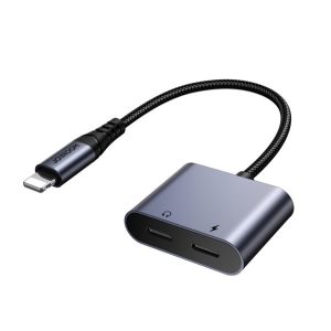 JOYROOM audió adapter és töltőkábel (elosztó, 2 lightning aljzat - lightning, cipőfűző) FEKETE 