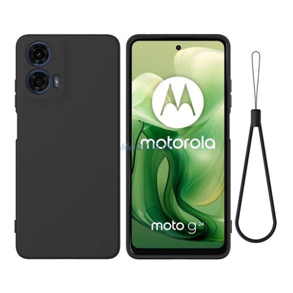 Szilikon telefonvédő (matt, mikrofiber plüss karcolásmentesítő belső, prémium + kézpánt) FEKETE Motorola Moto G24, Moto G04