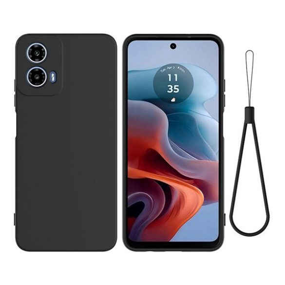 Szilikon telefonvédő (matt, mikrofiber plüss karcolásmentesítő belső, prémium + kézpánt) FEKETE Motorola Moto G34 5G (XT-2363)