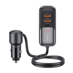   USAMS C40 autós töltő 3 USB+2 Type-C aljzat (165W, PD gyorstöltő, LED kijelző + 1.5m hosszabbító) FEKETE 