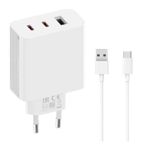 XIAOMI hálózati töltő USB+2 Type-C aljzat (67W, GaN, gyorstöltő + Type-C kábel) FEHÉR 