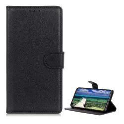  Tok álló, bőr hatású (FLIP, oldalra nyíló, asztali tartó, prémium) FEKETE Xiaomi 14 5G