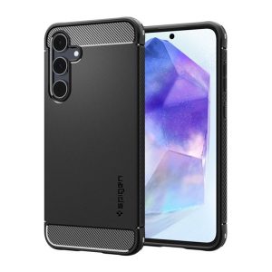 SPIGEN RUGGED ARMOR szilikon telefonvédő (ütésállóság, légpárnás sarok, karbon minta) FEKETE Galaxy A55 5G