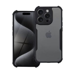 Szilikon telefonvédő (ütésállóság, légpárnás sarok, akril hátlap, kameravédő) FEKETE iPhone 15 Pro Max