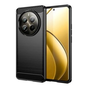 Szilikon telefonvédő (ütésállóság, légpárnás sarok, szálcsiszolt, karbon minta) FEKETE Realme 12 Pro Plus, 12 Pro