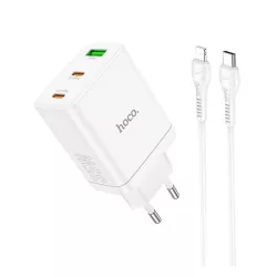   HOCO N33 hálózati töltő USB+2 Type-C aljzat (35W, PD gyorstöltő 3.0 + lightning kábel) FEHÉR