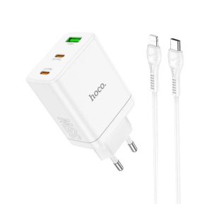 HOCO N33 hálózati töltő USB+2 Type-C aljzat (35W, PD gyorstöltő 3.0 + lightning kábel) FEHÉR