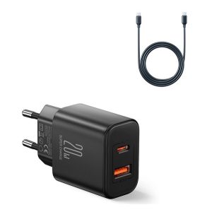 JOYROOM hálózati töltő USB+Type-C aljzat (20W, PD gyorstöltő + Type-C kábel) FEKETE