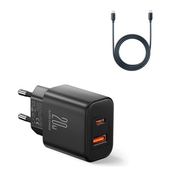 JOYROOM hálózati töltő USB+Type-C aljzat (20W, PD gyorstöltő + Type-C kábel) FEKETE