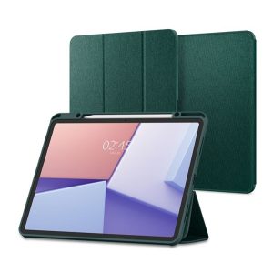 SPIGEN URBAN FIT tok álló (FLIP, oldalra nyíló, TRIFOLD, asztali tartó, ceruza tartó, textil minta) SÖTÉTZÖLD Apple IPAD Air 13 (2024)