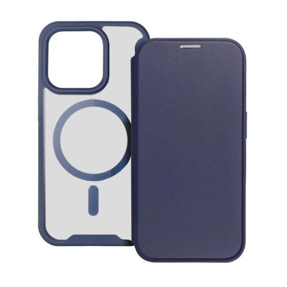 Tok álló, bőr hatású (FLIP, oldalra nyíló, kártyazseb, kameravédő, mágneses, átlátszó matt hátlap, MagSafe) SÖTÉTKÉK Apple iPhone 15