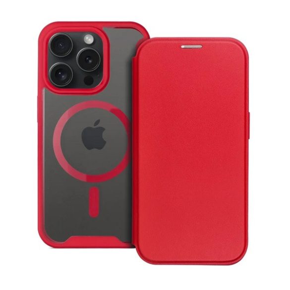 Tok álló, bőr hatású (FLIP, oldalra nyíló, kártyazseb, kameravédő, mágneses, átlátszó matt hátlap, MagSafe) PIROS Apple iPhone 15 Pro
