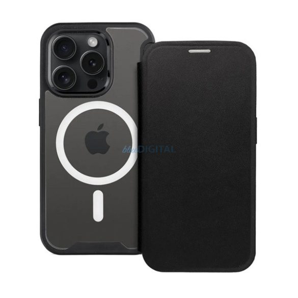 Tok álló, bőr hatású (FLIP, oldalra nyíló, kártyazseb, kameravédő, mágneses, átlátszó matt hátlap, MagSafe) FEKETE Apple iPhone 12 Pro Max