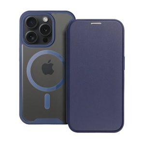 Tok álló, bőr hatású (FLIP, oldalra nyíló, kártyazseb, kameravédő, mágneses, átlátszó matt hátlap, MagSafe) SÖTÉTKÉK Apple iPhone 15 Pro Max