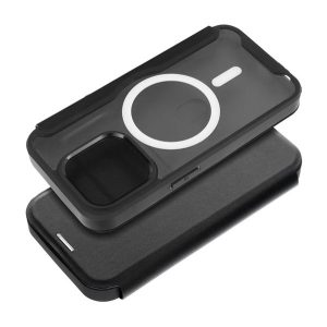 Tok álló, bőr hatású (FLIP, oldalra nyíló, kártyazseb, kameravédő, mágneses, átlátszó matt hátlap, MagSafe) FEKETE Apple iPhone 12