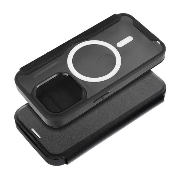 Tok álló, bőr hatású (FLIP, oldalra nyíló, kártyazseb, kameravédő, mágneses, átlátszó matt hátlap, MagSafe) FEKETE Apple iPhone 12