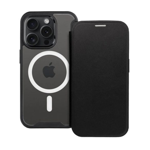 Tok álló, bőr hatású (FLIP, oldalra nyíló, kártyazseb, kameravédő, mágneses, átlátszó matt hátlap, MagSafe) FEKETE Apple iPhone 15 Pro