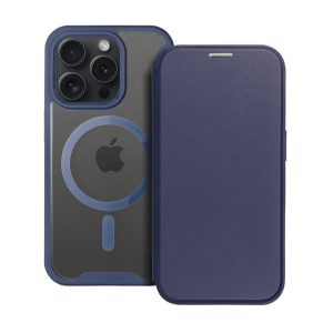 Tok álló, bőr hatású (FLIP, oldalra nyíló, kártyazseb, kameravédő, mágneses, átlátszó matt hátlap, MagSafe) SÖTÉTKÉK Apple iPhone 15 Pro