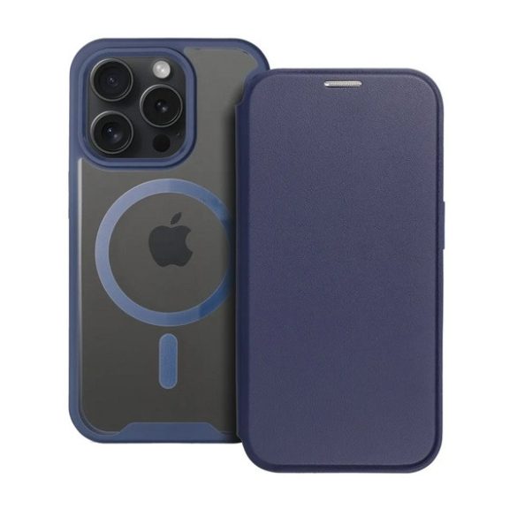 Tok álló, bőr hatású (FLIP, oldalra nyíló, kártyazseb, kameravédő, mágneses, átlátszó matt hátlap, MagSafe) SÖTÉTKÉK Apple iPhone 15 Pro