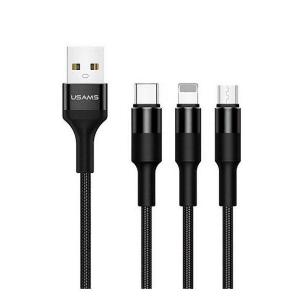 USAMS U5 töltőkábel 3in1 (USB - lightning/microUSB/Type-C, 2A, 150cm, cipőfűző) FEKETE