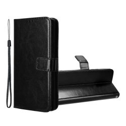   Tok álló, bőr hatású (FLIP, oldalra nyíló, asztali tartó + kézpánt) FEKETE Tecno Spark 10 Pro