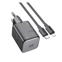   HOCO SPINNER hálózati töltő Type-C aljzat (20W, PD gyorstöltő 3.0 + lightning kábel) FEKETE