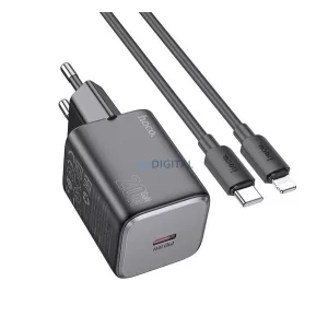 HOCO SPINNER hálózati töltő Type-C aljzat (20W, PD gyorstöltő 3.0 + lightning kábel) FEKETE