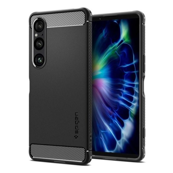 SPIGEN RUGGED ARMOR szilikon telefonvédő (ütésállóság, légpárnás sarok, karbon minta) FEKETE Sony Xperia 1 VI