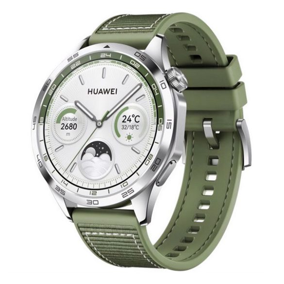 HUAWEI Watch GT 4 okosóra (46mm, beépített GPS, 3D üveg, aktivitásmérő, pulzusmérő, textil szíj) ZÖLD