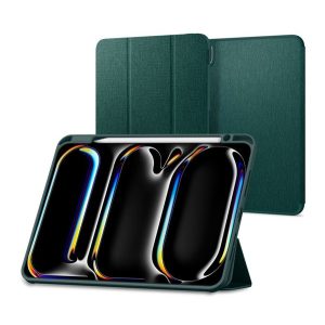 SPIGEN URBAN FIT tok álló (FLIP, oldalra nyíló, TRIFOLD, asztali tartó, ceruza tartó, textil minta) SÖTÉTZÖLD Apple IPAD Pro 11 (2024)