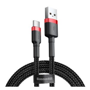 BASEUS CAFULE adatkábel (USB - Type-C, 3A, PD gyorstöltő 3.0, 50cm, cipőfűző) PIROS/FEKETE