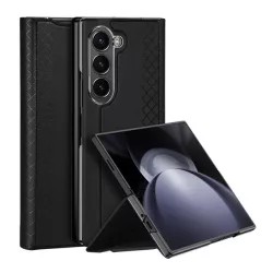   DUX DUCIS BRIL műanyag telefonvédő (ütésállóság, bőr hatású hátlap, asztali tartó, rombusz) FEKETE Samsung Galaxy Z Fold6 5G (SM-F956)