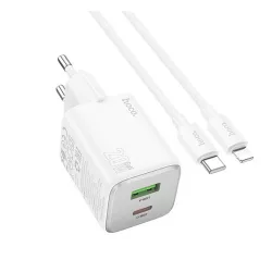   HOCO N41 hálózati töltő USB+Type-C aljzat (20W, GaN, PD gyorstöltő 3.0 + lightning kábel) FEHÉR