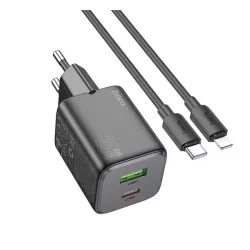   HOCO N41 hálózati töltő USB+Type-C aljzat (20W, GaN, PD gyorstöltő 3.0 + lightning kábel) FEKETE