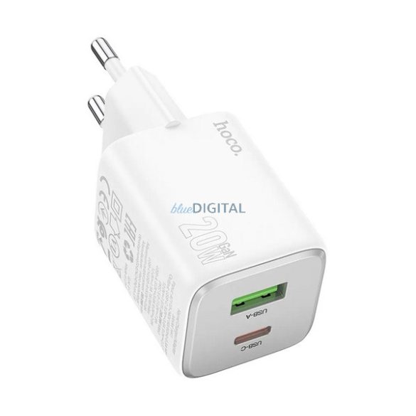 HOCO N41 hálózati töltő USB+Type-C aljzat (20W, GaN, PD gyorstöltő 3.0) FEHÉR