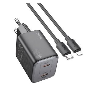 HOCO N42 hálózati töltő 2 Type-C aljzat (45W, GaN, PD gyorstöltő 3.0 + lightning kábel) FEKETE