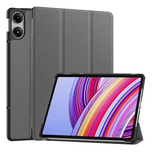 Tok álló, bőr hatású (aktív FLIP, oldalra nyíló, TRIFOLD, asztali tartó) SÖTÉTSZÜRKE Xiaomi Redmi Pad Pro