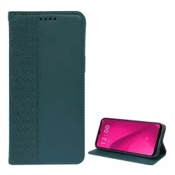   Tok álló, bőr hatású (FLIP, oldalra nyíló, asztali tartó, lóhere) SÖTÉTZÖLD T Phone 2 5G