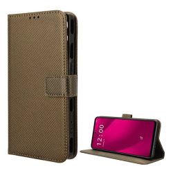   Tok álló, bőr hatású (FLIP, oldalra nyíló, asztali tartó, rombusz + kézpánt) BARNA T Phone 2 Pro 5G