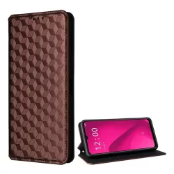   Tok álló, bőr hatású (FLIP, oldalra nyíló, asztali tartó, teljes 3D rombusz, prémium) BRONZBARNA T Phone 2 5G