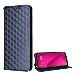   Tok álló, bőr hatású (FLIP, oldalra nyíló, asztali tartó, teljes 3D rombusz, prémium) SÖTÉTKÉK T Phone 2 5G