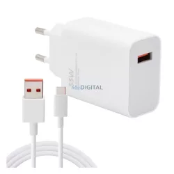   XIAOMI MDY-16-EF hálózati töltő USB aljzat (33W, PD gyorstöltő + Type-C kábel) FEHÉR