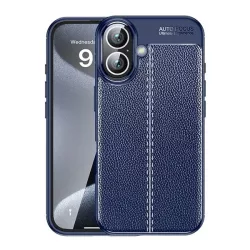   Szilikon telefonvédő (ütésállóság, bőr hatású, varrás minta) SÖTÉTKÉK Apple iPhone 16 Plus