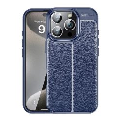   Szilikon telefonvédő (ütésállóság, bőr hatású, varrás minta) SÖTÉTKÉK Apple iPhone 16 Pro