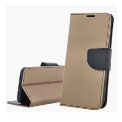   Tok álló, bőr hatású (FLIP, oldalra nyíló, asztali tartó, kártyazseb, textil hatás) ARANY/FEKETE Apple iPhone 16 Plus