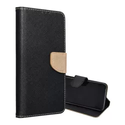   Tok álló, bőr hatású (FLIP, oldalra nyíló, asztali tartó, kártyazseb, textil hatás) FEKETE/ARANY Apple iPhone 16 Plus