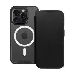   Tok álló, bőr hatású (FLIP, oldalra nyíló, kártyazseb, kameravédő, mágneses, átlátszó matt hátlap, MagSafe) FEKETE Apple iPhone 16 Plus