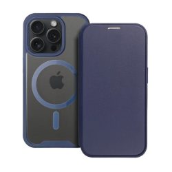   Tok álló, bőr hatású (FLIP, oldalra nyíló, kártyazseb, kameravédő, mágneses, átlátszó matt hátlap, MagSafe) SÖTÉTKÉK Apple iPhone 16 Pro Max