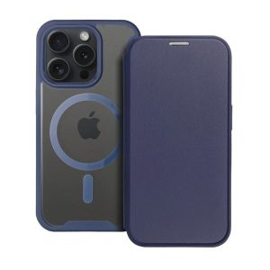 Tok álló, bőr hatású (FLIP, oldalra nyíló, kártyazseb, kameravédő, mágneses, átlátszó matt hátlap, MagSafe) SÖTÉTKÉK Apple iPhone 16 Pro Max