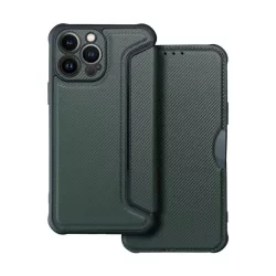   Tok álló, bőr hatású (FLIP, oldalra nyíló, ütésállóság, légpárnás sarok, kameravédő, karbon minta) SÖTÉTZÖLD Apple iPhone 16 Plus